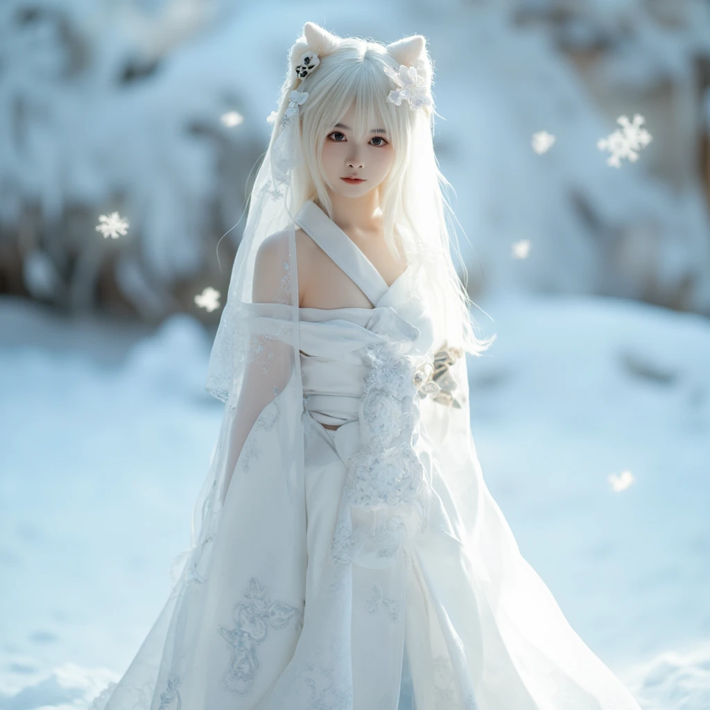 ((top quality、8k、Masterpiece:1.3))、Extremely delicate and beautiful girl,huge breasts,bigger breasts,Very white skin,fiery red lips,Waist is very thin,Thighs are very thin,White and smooth skin,Smooth and fair skin,flawless skin,Fair and shiny skin,cold white skin,The camera focuses on the chest,hazy light rays,hazy light rays,There are nine long white fox tails behind him,A scene of heavy snowfall,Snow covers the ground,snow mountain,lake,White plush coat,slim long skirt,light blue hair,The hair is light blue