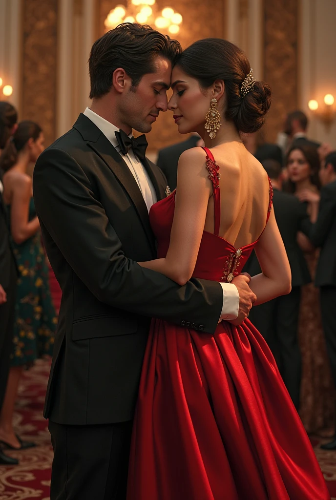 Create a realistic photograph of a smiling and beautiful indian actress in red satin carrying a large man on her shoulders in a room, man is sitting on top of her shoulders , man on top, woman at bottom , she is walking 