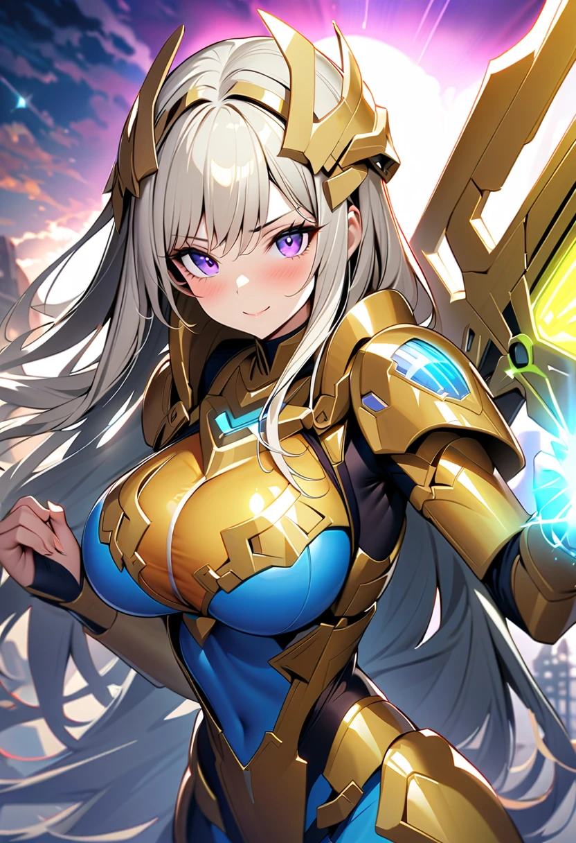 score_9_up, score_8_up, score_7_up, source_anime,masterpiece, best quality, high resolution, extremely detailed CG, absurdres, highres, 1girl, solo, a mecha girl in golden armor with glowing mecha_wings fights at battlefield, ((body surrounded by yellow Battle Aura and lighting)), wings of light, long hair, white_hair, glaring, cleavage, thighs, off-shoulder, (((Shining Armor, glittering Armor))),((mecha wings)), headgear, flying, blue sky, full body, from below, Futuristic, ((aura,Battle Aura, lighting),good_hands,open mouth, ((glowing punch))