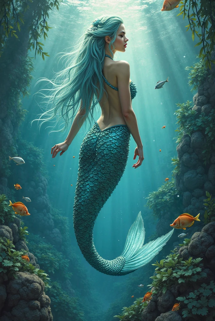 high details, best quality, 16k, [ultra detailed], masterpiece, best quality, (extremely detailed), full body, ultra wide shot, RAW, photorealistic, fantasy art, dnd art, rpg art, realistic art, an ultra wide picture of a mermaid (1.5 intricate details, Masterpiece, best quality) water mage casting ((water control spell)), water wizard ((water magic, intense magic details)), ((controlling a swirling mass of water)), magical symbols GlowingRunes_pink, female mermaid, blue skin, green hair, long hair, swirling hair, lower body tail fin, intense eyes, small pointed ears, ((blue eyes)), ((glowing eyes)), armed with magical wand, wearing sea shell clothing, beautiful mermaid, underwater background, rich underwater life, ((magical atmosphere)), fish and sea weeds, speedpainting high details, best quality, highres, ultra wide angle