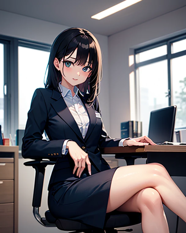 (Best quality, 8k, 32k, Masterpiece, UHD:1.2), 1girl, beautiy Japanese woman, narrow waist, grey suit, open jacket, office lady, suit, pants, from behind, office room, desk, (stick out one's buttocks:1.2), detailed face, short hair,