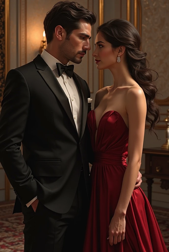 A dark and alluring book cover illuminates the scene, setting the stage for a thrilling romantic tale. The captivating image unfolds as a suave and handsome man in a tailored suit, his chest exposed beneath the open jacket, descends the staircase with an enchanting native woman. She is dressed in seductive attire reminiscent of a witch, holding an enticing apple in one hand, and wearing gloves that only add to the intrigue. Their eyes lock in a passionate and intense stare, as if sharing a secret only they understand. The sexy pose they assume draws women in, making them long for the adventure that lies within the pages of this enchanting novel. The art style is