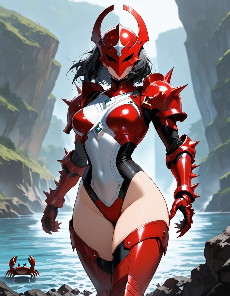 A beautiful woman, (wearing very light black armor), Alone, mature, jet black hair, colored skin, Red skin, big breast, Demon horns, succubus tail, yellow eyes, long hair, pointed ears, freckles all over the body, black lips, sitting on a log with crossed legs, in a forest, masterpiece, The best quality, super detailed, higres, 4K, UHD