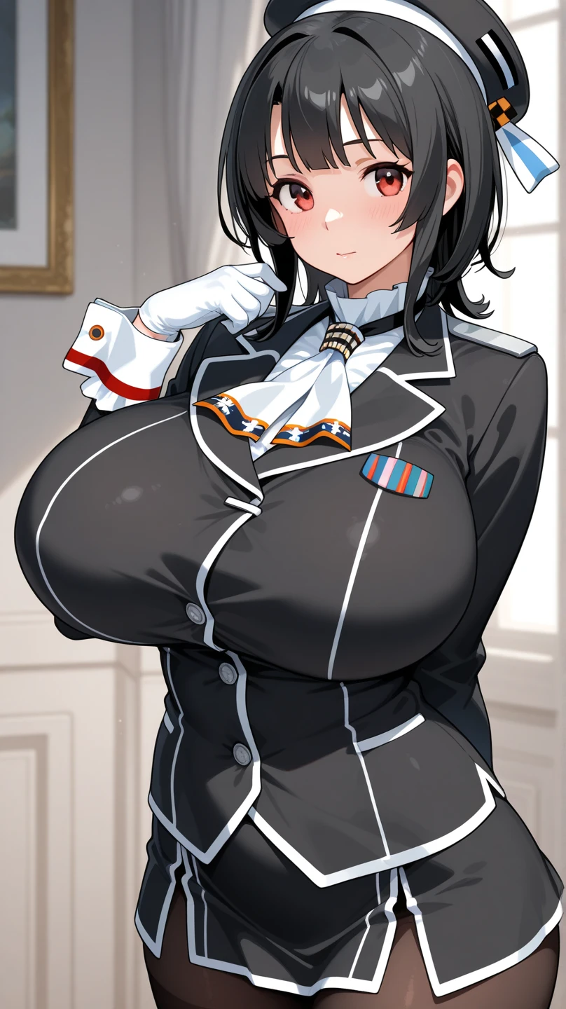 ((masterpiece)), ((best quality)), (ultra-detailed), ((extremely detailed)), 4K, (8K), best quality,, ((((perfect anatomy)))), five fingers, ((((beautiful detailed eyes)))), (((world-class quality))), (photorealistic), extremely detailed, high resolution, (detailed shaded pretty face), ((((house wife)))), solo, (((sagging breasts))), (((wearing ako uniform))), ((glowing detailed skin and hair)), white-skinned, (((glistening skin))), kasumi iwato, baby face, ((half updo)),happy smile, huge ass, huge breast , potbelly,, sideless tented shirt, , (blue jacket), long sleeves, black gloves, cowbell, neck bell, (clothes between breasts), ((full-face blush)), thick thighs, ako uniform, curvy, arms behind head