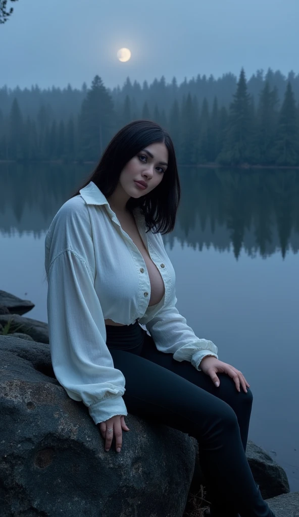fotografia, imagem de uma mulher bonita, selfie, tronco, sozinho, wearing a sweater, ao ar livre, (noite), montanhas, natureza da vida real, estrelas, Lua, alegre, feliz, luvas, sweater, gorro, floresta, pedras, rio, Madeira, smoke, fog, olhando para o espectador, textura da pele, photo grain, fechar-se, Foto CRU. Um bonito, feminine red-haired woman who embodies elegance and sophistication, exuding subtle characteristics, mas realistas. Deve haver uma mistura suave de etnia russa e latina evidente. Por favor, certifique-se de que seu traje exala um toque de sensualidade, com decote e blusa preta simples. She should be smiling radiantly and very friendly, her breasts must be big and clearly visible in the photo, possivelmente do lado. The background of the photo should be a beautiful noitetime landscape of Miami. Adicionalmente, make sure she is wearing headphones and posing for the camera, standing in a black dress. Seu traje deveria ser preto. Your Latin body should be sexy and fully visible from the side. Foto de uma mulher deslumbrante de 26 anos, inventado, 8k HD, alta qualidade, Dramatic