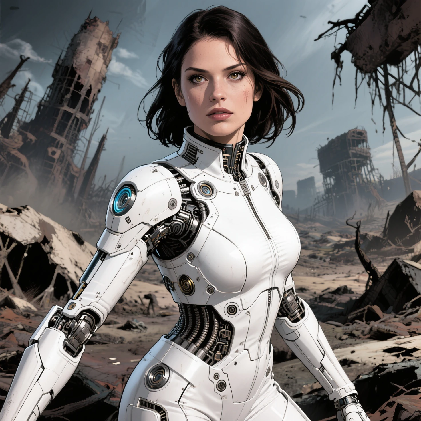 1996 color photograph of (h3dy14m4rr:1.0) (smiling) and wearing a (retro futuristic mech suit) and holding a futuristic rifle