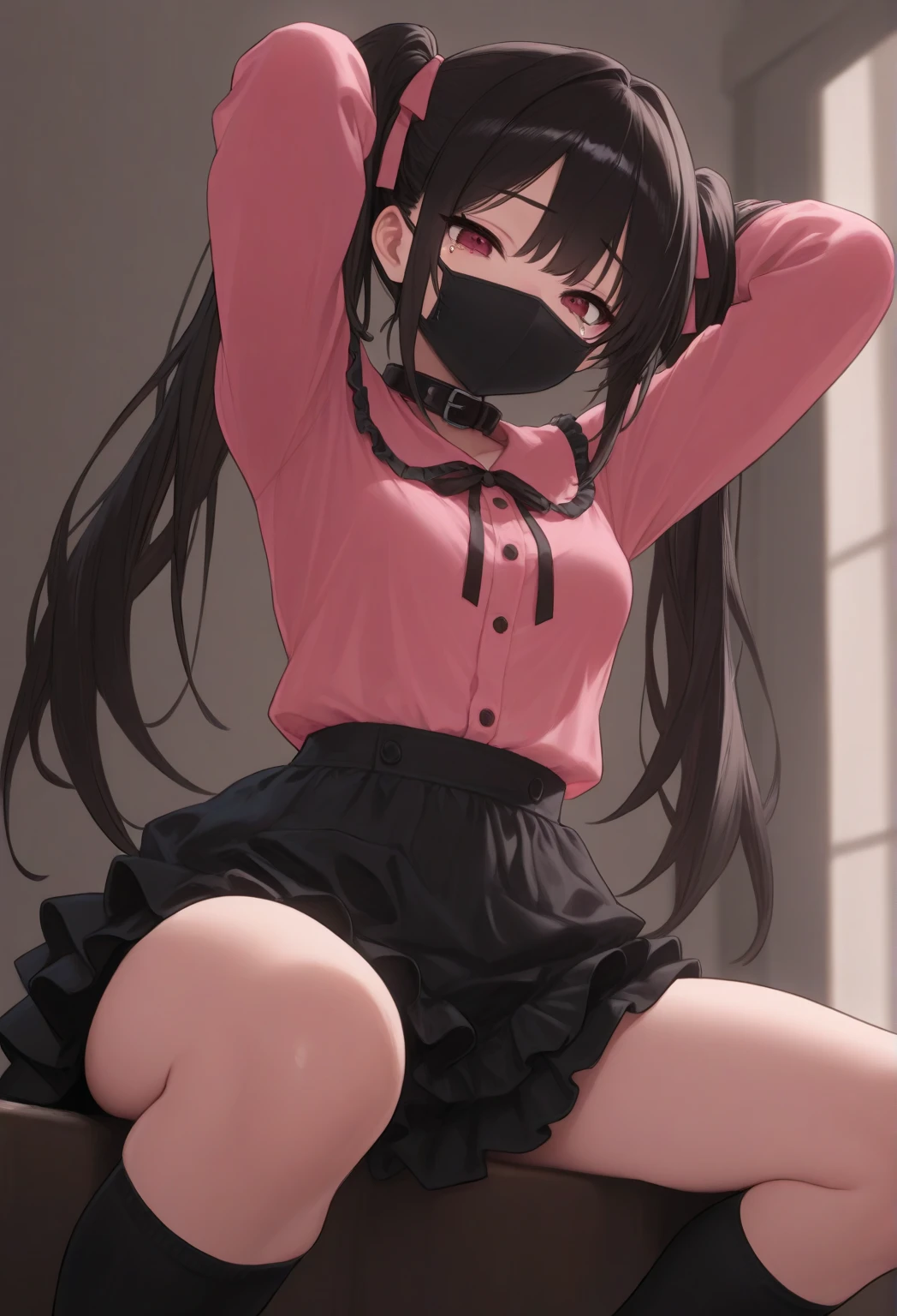 Hands Behind Back,Tied with hands behind back,lick,open mouth,tongue out,cum on tongue,front face,from front,front view,looking at viewer, looking ahead,from above,cowboy shot,1girl,Beautiful girl at 13 years old,Japanese,Slender,,low length,Small breasts,Thin legs,Small Ass,Baby Face,Small face,Black Hair,Short Twin Tails,Black blindfold,blindfold,middle School girls,Sheer black and pink negligee,lingerie,Collar with leash,Kneeling,Straight Stand,Beautiful and detailed anime art,Desire expression,crave,Sexy vibe,Dimly lit room,On the bed,Simple Background,Gray background,Low lighting,