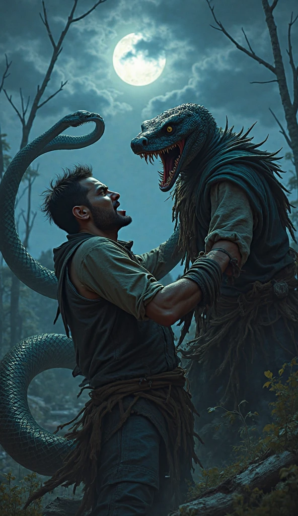 A weak man running chasing a snake