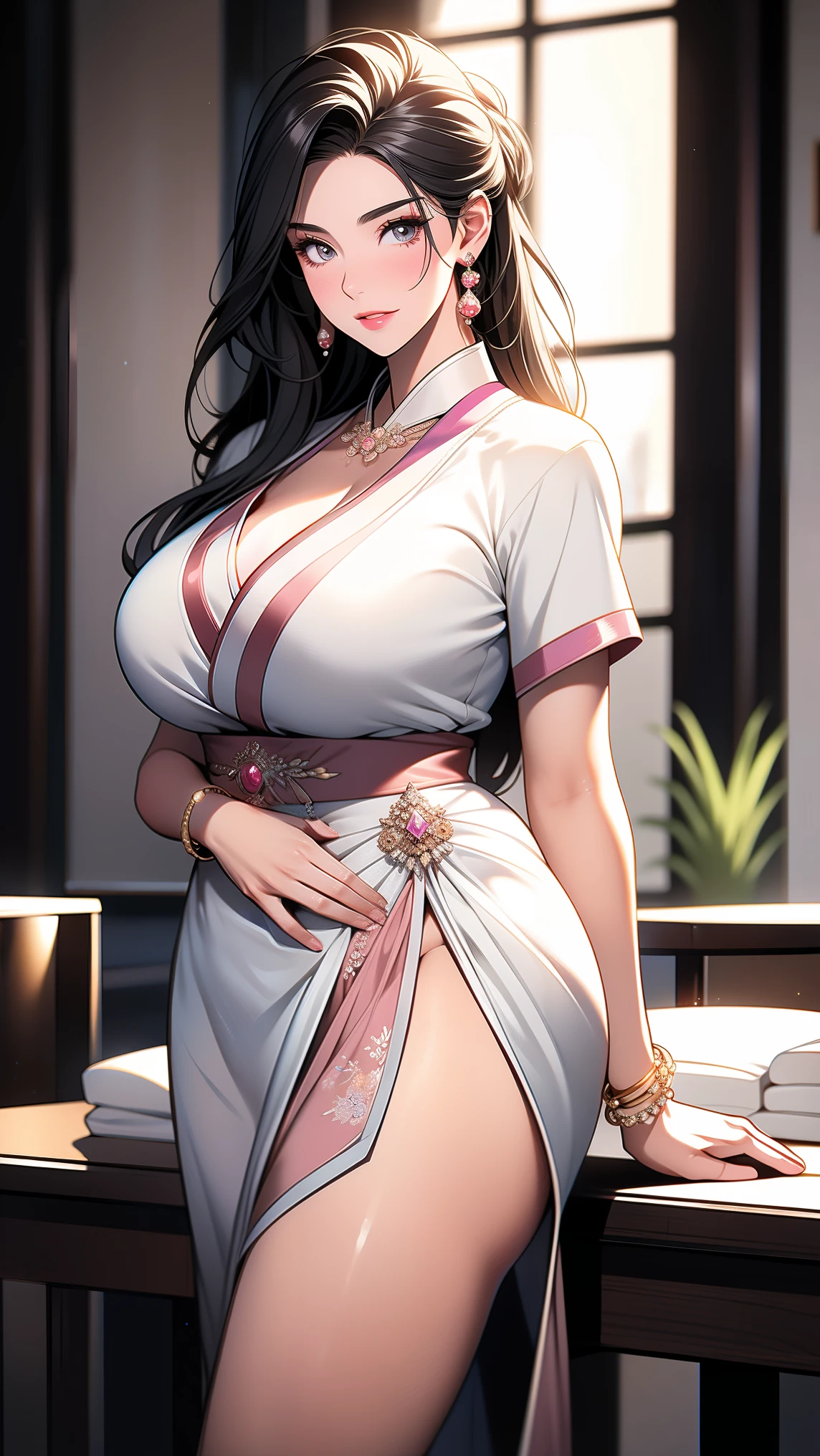 a mother who is extremely hot voluptuous sexy busty and is insanely and extremely sexy cute pretty beautiful pretty curvy with her extremely shiny bright glass SNOW white FAIR LUSH SILKY smooth soft lush plump glass glowing white skin and complexion and perfect round cleavage and her INSANE tight perfect hot hourglass figure, her wide soft hips, and her skinny lush soft plump arms and her big soft plump perfect round thick BIG ass with her extremely white bright SNOW FAIR LUSH plump round cleavage and her glowing fair shoulders along with her shiny long silky GOLD blonde LUSH hair with her extremely insanely god tier cute irresistible kind gentle look on her charming gorgeous stunning pretty face with her big shiny bright stunning blue eyes and her shiny black eyelashes and her two bright pink blushes and her bright RED puffy lips on her face and her pink shiny nails and her sexy thick luscious lush thighs and legs, she's the peak and epitome of a woman's elegance and feminine and her insane, impossible, and unimaginable levels of beauty the woman has, she has a smooth lush snow fair clean tender soft smooth neck and gold bangles on her wrist and gold anklets with small bells on her two feet and gold earrings on her lush fair white fair ears and a gold belt on waist, flowers on hair, eyes wide open, show full body, she's wearing a EXTREMELY revealing sexy long loose bright PINK floral DRESS with white flower patterns with strings AND HILTS with one of her sexy thick legs revealed, PERFECT LUSH SEXY BODY OF THE MOTHER, the woman wears her shiny yellow high heels along with a red ribbon and a piece of small jewellery ornament hanging on her hair bun with a golden jewellery necklace on, show full body, Standing.