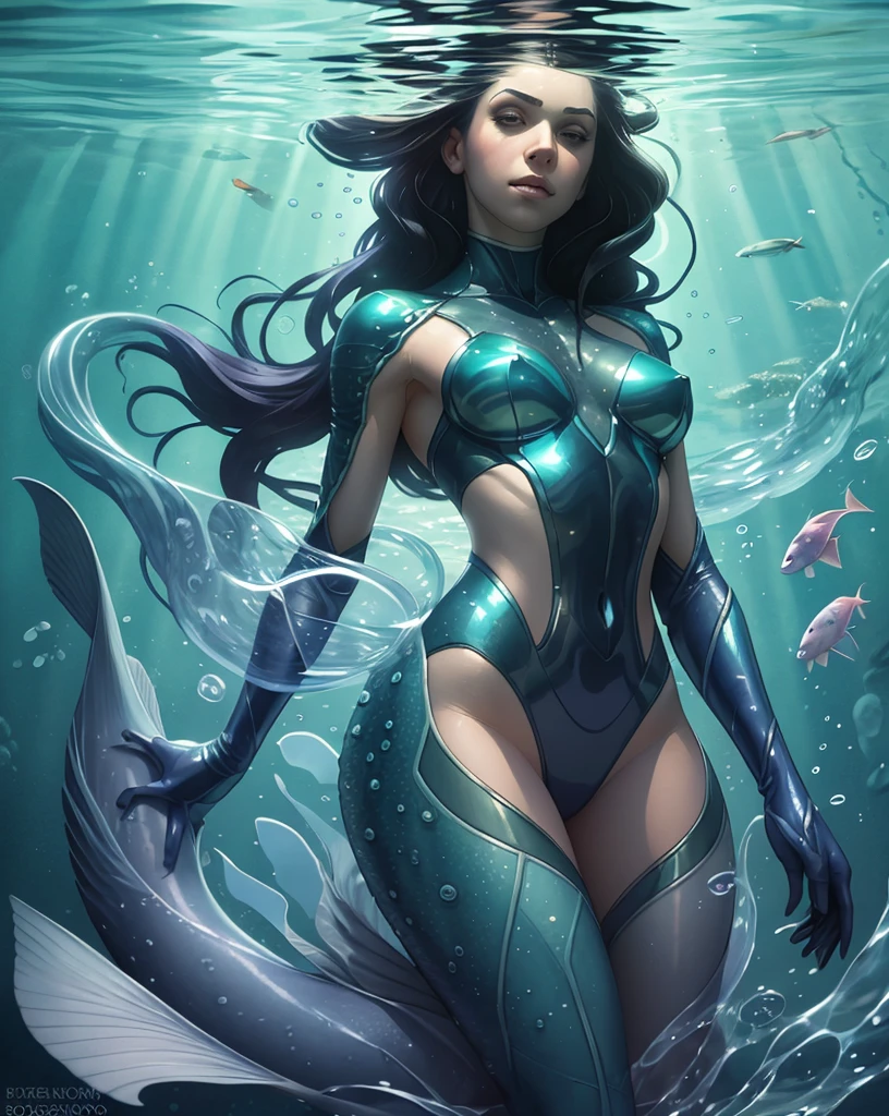Best quality, masterpiece, ultra high res, (realistic photo: 1.4), surrealism, dreamlike,
1 girl, (MackenzieHyde:0.8), slip dress, fancy art, underwater, bubble,
mermaid, black skin,cyber punk, metal, futuristic