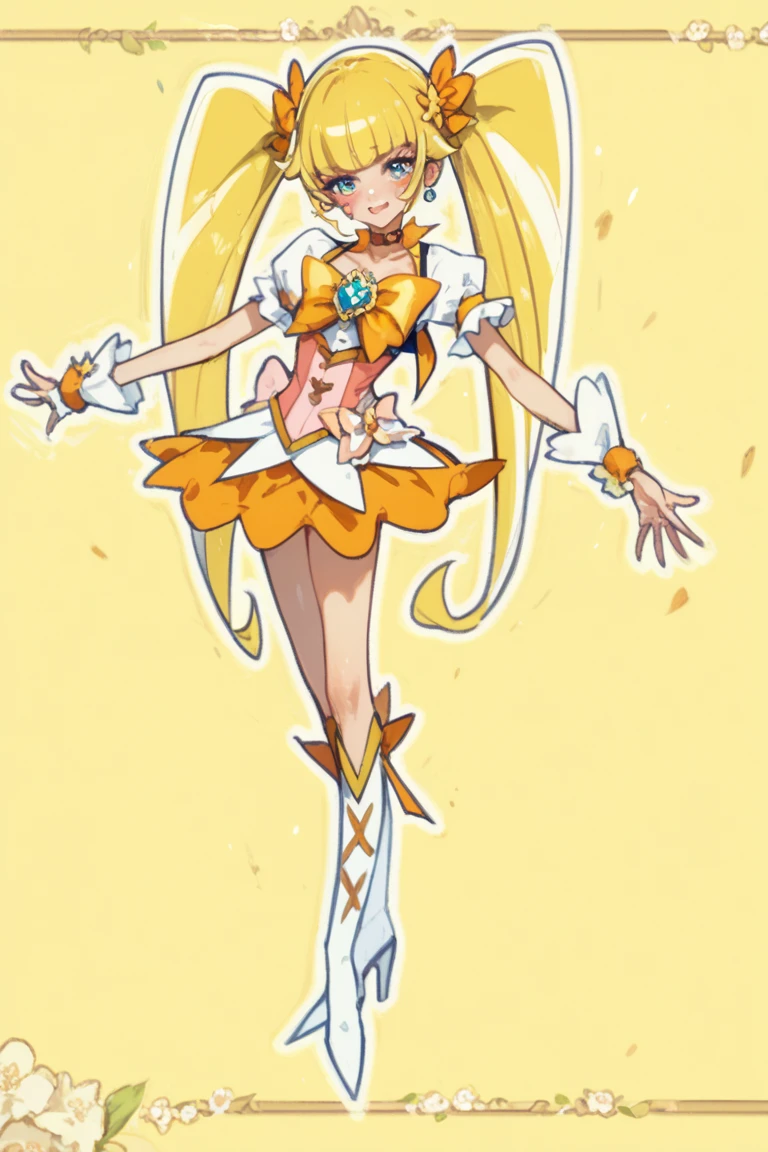 Egg-colored demon girl + Wear a white swimsuit with sleeves + white boots + It has white wings over black on its hips. + long yellow hair + yellow eyes + There is a small yellow star on the left cheek. + has a white tail + white ribbon + He has gray-white horns. + Has a black collar + There is a white shawl that leaves the middle