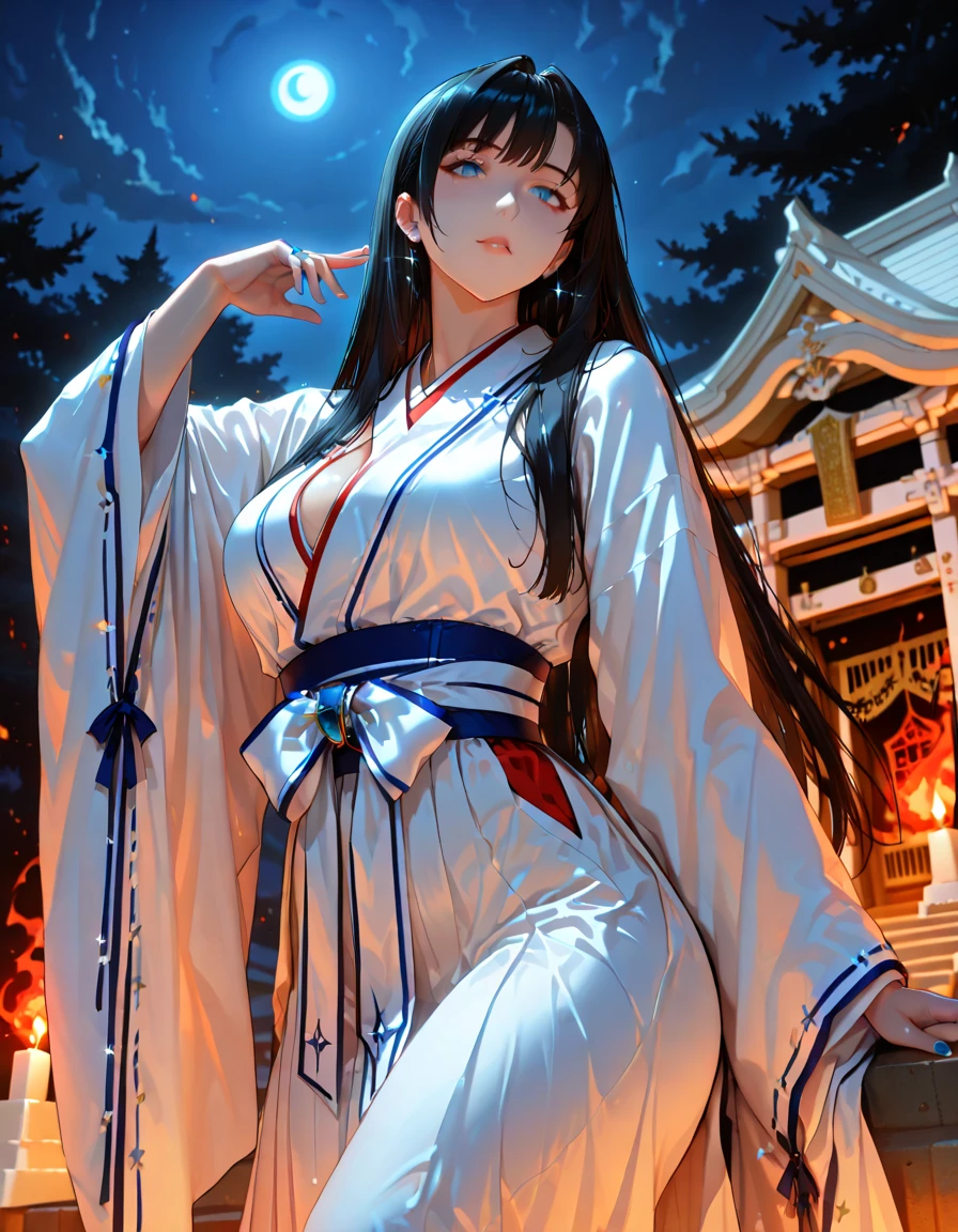 anime、Vibrant colors、A calm and collected beauty、20-year-old、Black Hair、Long Hair、Straight Hair、The bangs are cut above the eyebrows、Narrow eyes、Slanted Eyes、Bright eyes、Sparkling eyes、Large Breasts、profile、Night Sky、full moon