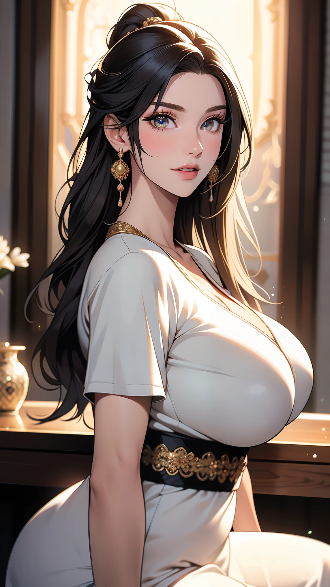 hair flaps, massive hair, long hair, black hair, highly detailed face and body, sensual expression, beautiful skin, yellow eyes, perfect body, curvy, huge breasts, cleavage, elven goddess, angelic robe, golden accent, jewelry