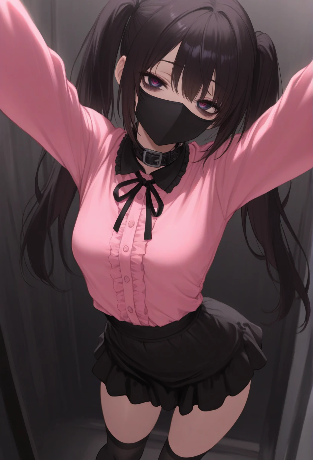 Hands Behind Back,Tied with hands behind back,lick,open mouth,tongue out,cum on tongue,front face,from front,front view,looking at viewer, looking ahead,from above,cowboy shot,1girl,Beautiful girl at 13 years old,Japanese,Slender,,low length,Small breasts,Thin legs,Small Ass,Baby Face,Small face,Black Hair,Short Twin Tails,Black blindfold,blindfold,middle School girls,Sheer black and pink negligee,lingerie,Collar with leash,Kneeling,Straight Stand,Beautiful and detailed anime art,Mischievous smile,Sexy vibe,Dimly lit room,On the bed,Simple Background,Gray background,Low lighting,