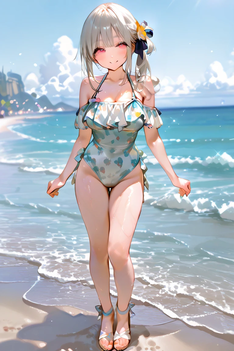 (Extremely detailed CG unified 8k wallpaper),(masterpiece), (Best quality), (Ultra Detailed), (Best Illustration),(The best shadow),Standing by the sea,Taking off swimming trunks,Smile at me
