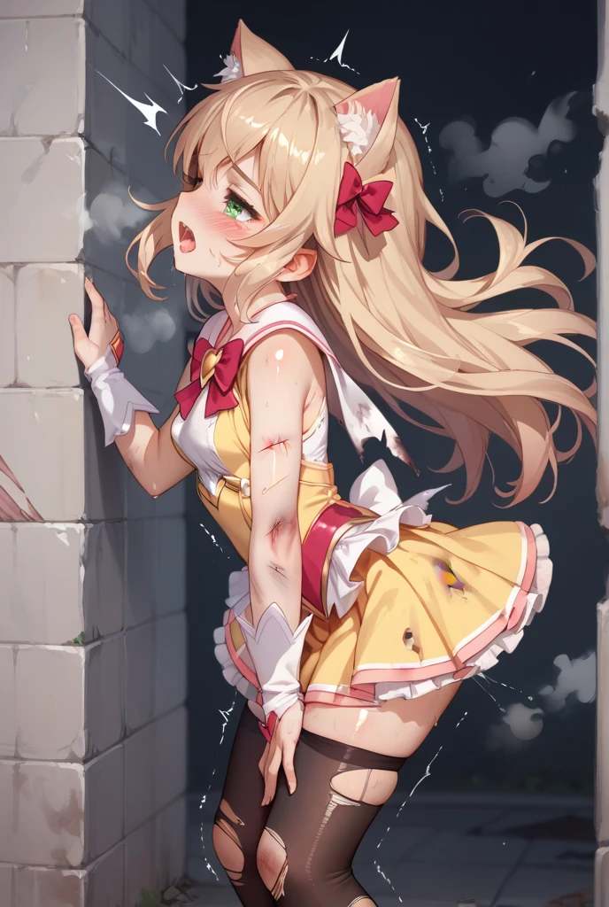 1girl, solo, long_hair, breasts, skirt, brown_hair, cleavage, twintails, jewelry, melting_clothes, chain, bound, bdsm, bondage, cuffs, injury, magical girl, defeated, surrendering,pee dripping between legs, bleeding