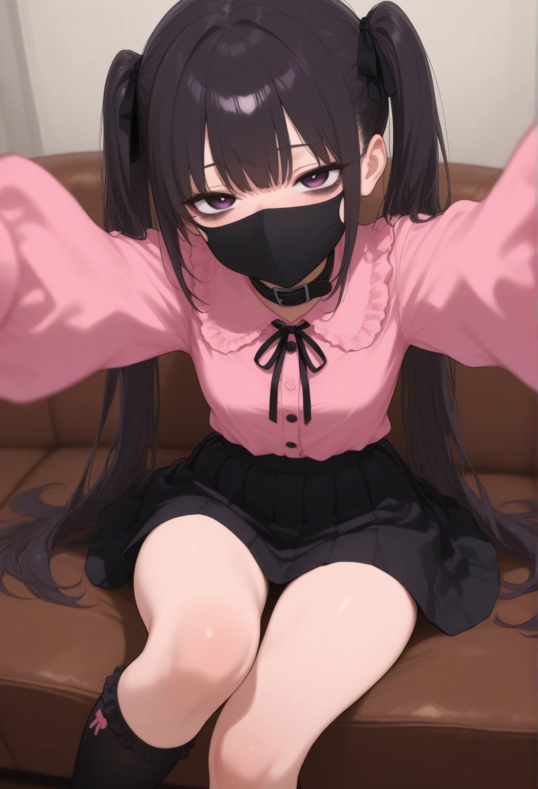 Beautiful girl at 13 years old,Japanese,,,Small and slim,Flat Chest,Small breasts,Baby Face,Small face,Black Hair,Twin tails,black eyes,middle School girls,negligee,lingerie,Blindfold,Tie hands behind back,first round,fellatio,open mouth,cum on tongue,Kneeling and sitting,Beautiful and detailed anime art,First-person view,A mischievous smile