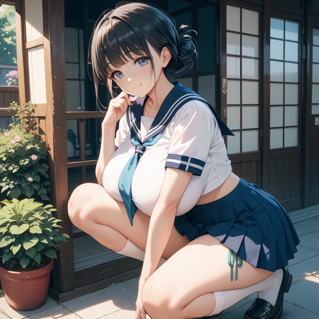 8K, High resolution, highest quality, masterpiece:1.5),(18-year-old)、(look away)、Fresh green scenery、Raw portrait of perfect Japanese girl、Photoreal、(sailor suit、Navy pleated mini skirt:1.3) (high school girl、huge breasts、perfect anatomy、beautiful limbs、tight waist、Seductive hips、Model-like appearance、black hair short cut、sit with your legs wide open to the sides:1.6)、(cute、cute smile、Navy Mini Skirt Sailor Suit、black socks)、sitting on the embankment by the sea、professional photography、Mysterious、