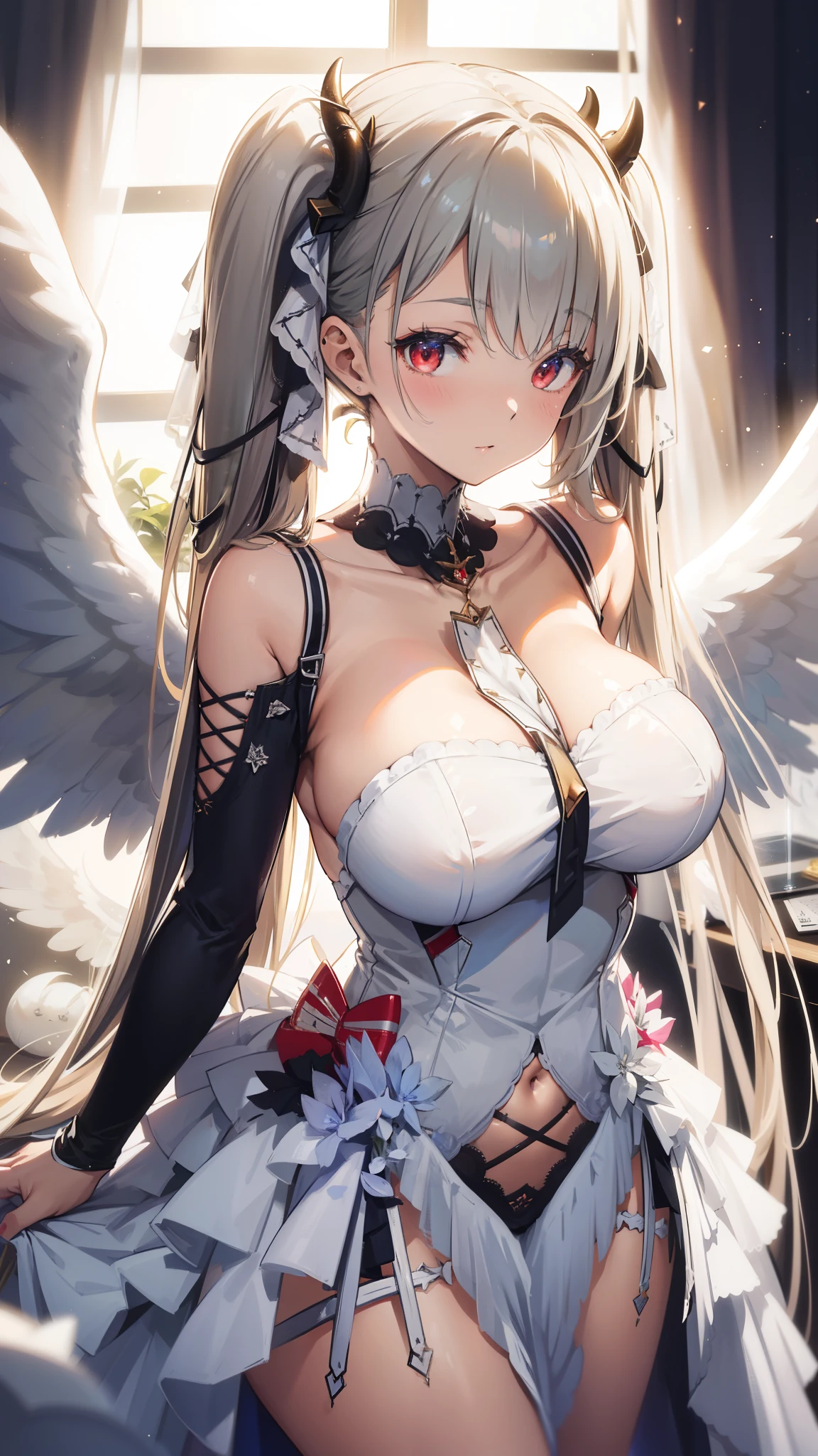 masterpiece, best quality, finely detailed, high resolution, extremely delicate and beautiful, 1 girl, silver hair, red eyes, dragon horns, (huge breasts), (deep cleavage:1.2), (narrow waist:1.2), (elegant frilled dress:1.3), (corset), bow tie, bright skin