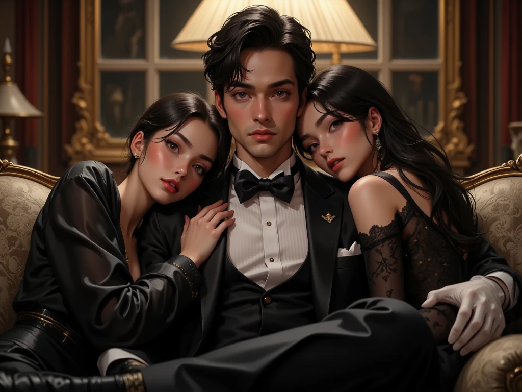 a handsome young man, in a nice looking suit, sitting with two beautiful woman with bog breast in black lingerie posing in front of the man