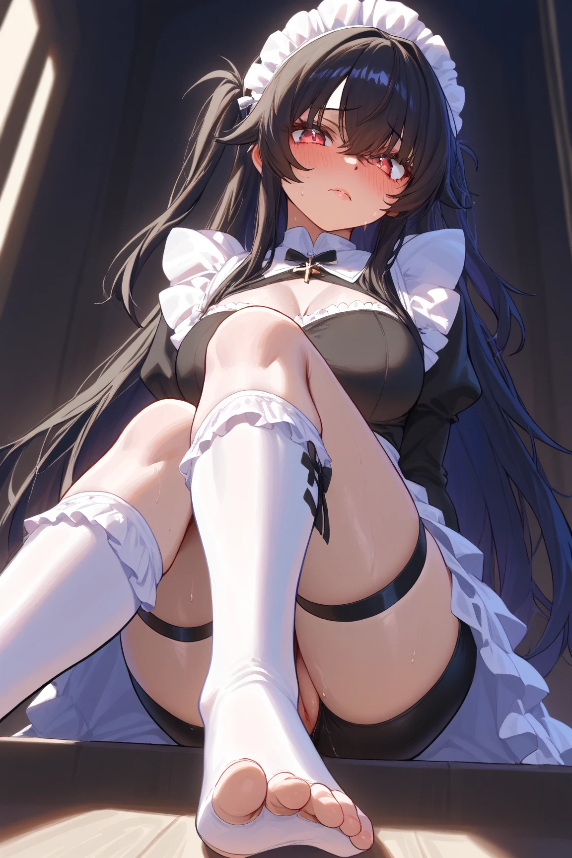 (top-quality)), ((masterpiece)),、church、Pitch Resuit、Adult Woman、 ((pantyshot:1.5))、Standing Open legs、Lift skirt 、(Cumming in overflow :1.5)、 Tits、Sobbing tears、(thong:1.0)、 knee high white、(cum in vaginas:1.3)、cum in mouth、(underboob,show off nipple:1.5)、Lots of students around、 focus under view