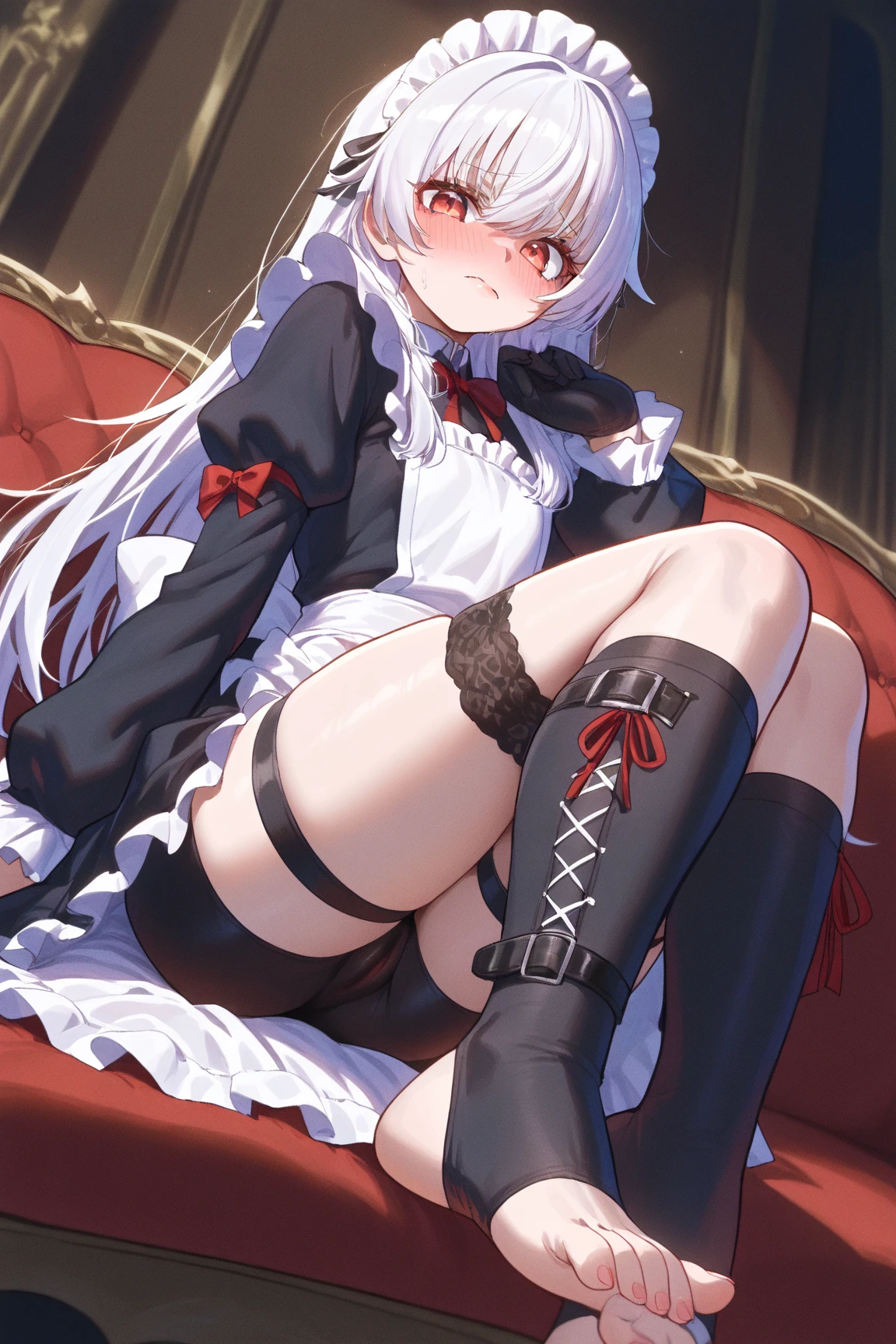 embarrassed, Arrogant look, Domineering smile, (cowboy shot),
draculina, elbow gloves,black gloves, cape,High resolution,Sharp focus,(Super detailed,Very detailed),(Very detailed CG unity 8k wallpaper),(((Vibrant colors))),
{best illustration},1girl, sexly,(complete anatomy), Cross earrings, Bat Wing, red eyes,
(Detailed body),(Detailed face)), cute,Lewd,erotic,Bold, Revealing clothing,show 肌,slim,Silver Hair,Long twin tails,Canine,
Thigh-high socks,Revealing clothing,show 肌
(extreme close-up of thigh:1.5), (The view is from very close below:1.5), Pushing hips forward, arms behind back, (sitting), Open legs wide, spread legs,
Dark room,bedroom,Large sofa,carpet,Glass table,A large white LCD TV,(Backlight, at night:1.2),Cinematic,Faint light,