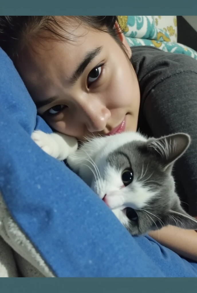Woman lying on sofa,On the lap is a white cat, big cheeks holding her cat, she is holding a cat in her arms, with cats on her side, Holding a cat, with small cat on lap, woman and cat, cuddling her gremlings, woman / cat hybrid, White ( cat ) Girl, holding a white fluffy kitten,The left eye of the cat's eye is yellow,The right eye is blue