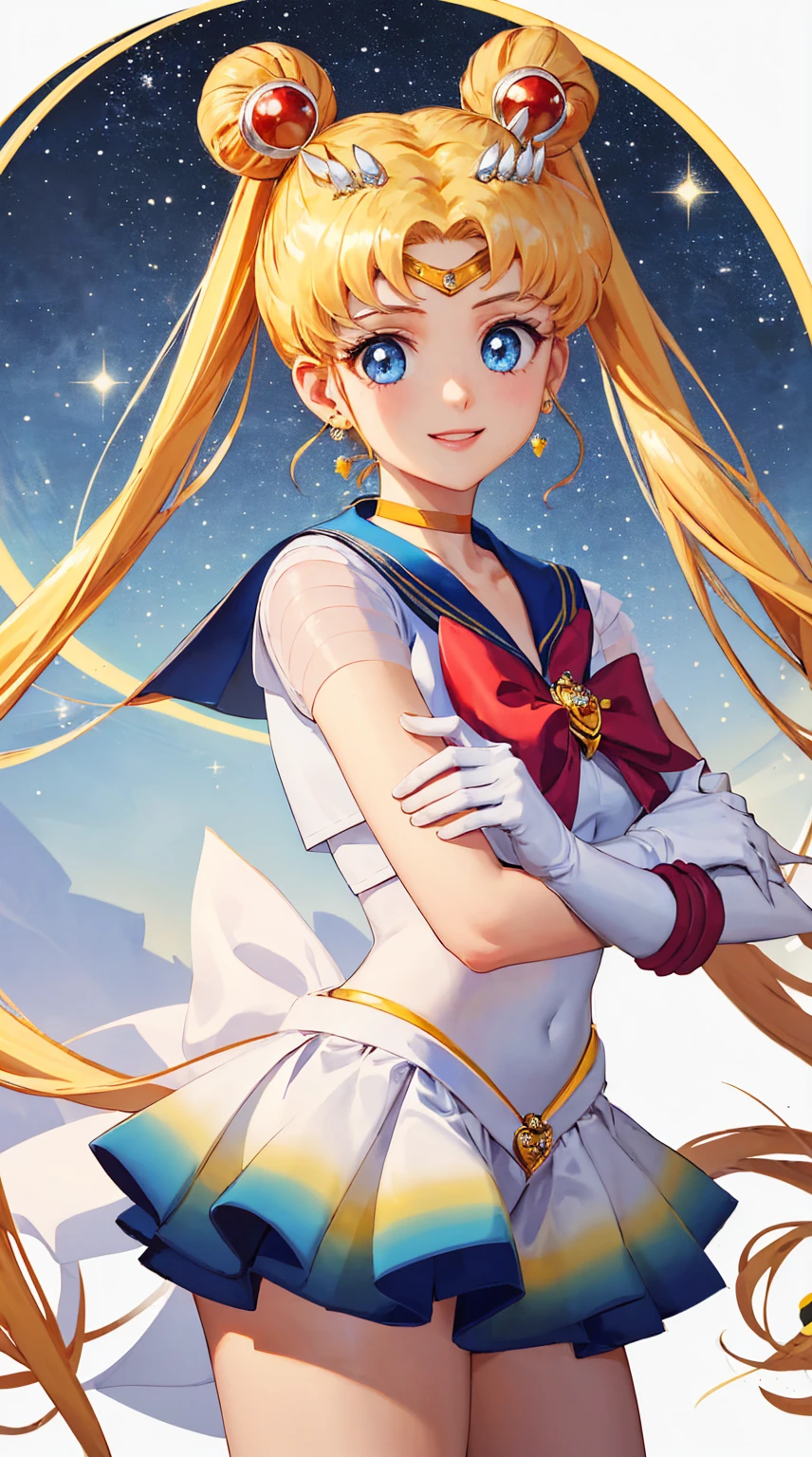 Haruka is a short ager., Light blonde hair and dark blue eyes. Her main color was navy blue (Tiara Jewelry, Her Collar, choker, gloves, Back waist bow, skirt) Her accent color was yellow. (Front Bow). She wore gold rings on both earlobes., Her Collar had no stripes, her choker had no gems attached to it, Her shoulder pads were normal., her gloves were wrist-length, And her long, Knee-length, Navy blue high heel boots. In the manga, When Sailor Moon transformed into Super Sailor Moon for the first time、Her brooch changed from a circle to a heart.。.