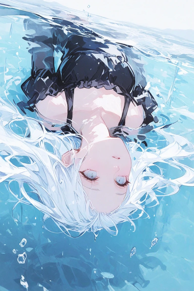  partially underwater, lakeの女神, Long Hair, Wet Hair,
lake,Dark Background, Blurred Edges,8-year-old、Flat Chest、skirt、Above the neck above the water、Body in water, Underwater Photography、浮力でskirtがめくれる
