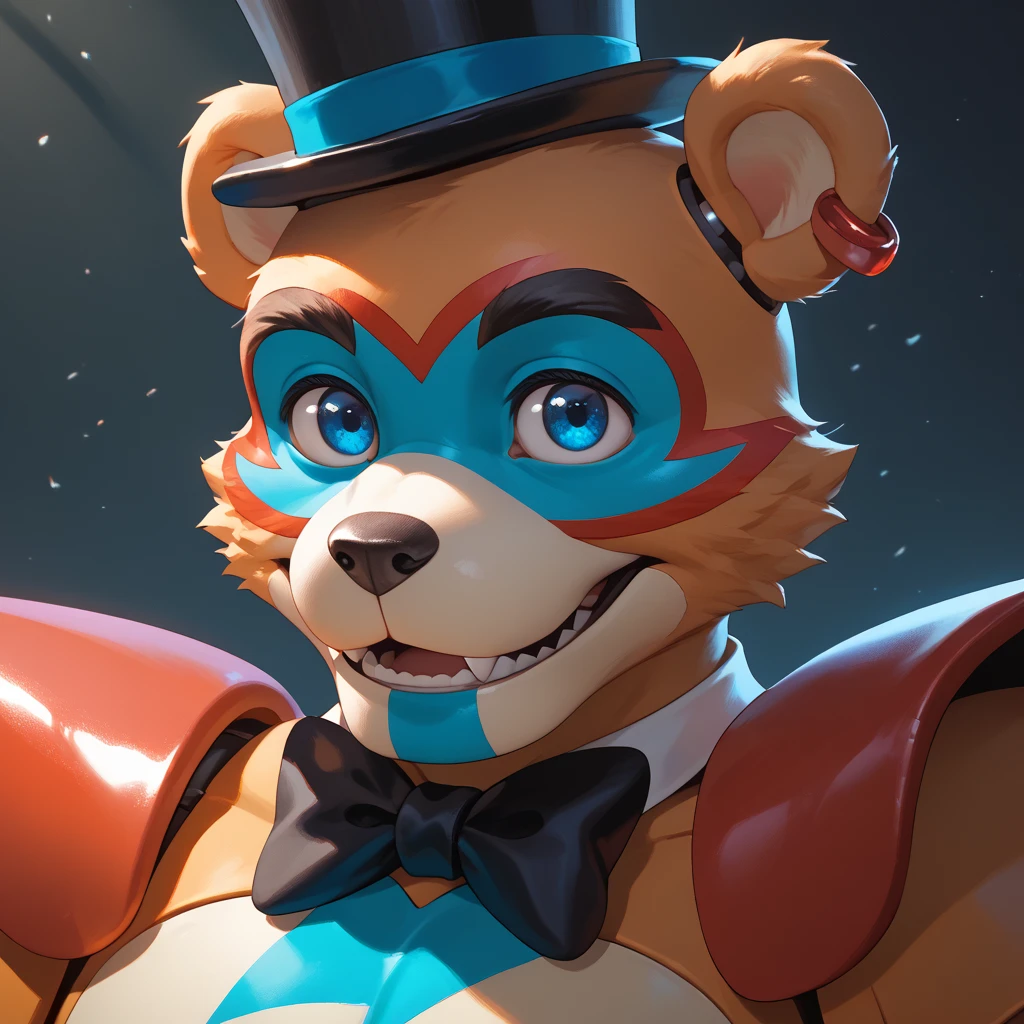 (masterpiece), ((perfect anatomy)), (high Res), (4k), bear, buff, strong, wide shoulders, (robot), (animatronic), happy, ((black open shirt)), ((red pants)), ((black hat)), (cute artstyle), (((solo)))