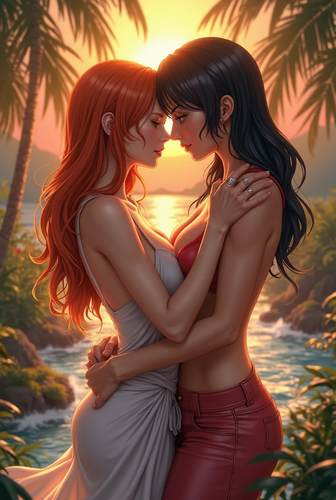 Two athletic, fit, slightly muscular, tattooed, busty girl, perfect face with freckles and perfect body, on beach, sunset, heavy rain. Long hair, one girl with red hair and the other one platinum-blond hair. Naughty grins, very wet and sweaty, naked, breasts exposed, butt exposed. They are hugging. The red hair girl is full handedly squeezing the blonde hair girl's breasts, as they are french kissing passionately, with tongue. Perfect beauty. Lesbian passion.