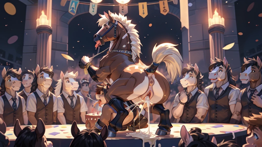 Feral horse, garter belt, stockings, black panties, cameltoe, nightclub, in public, everyone watching seductive, smirk, sexy, butt