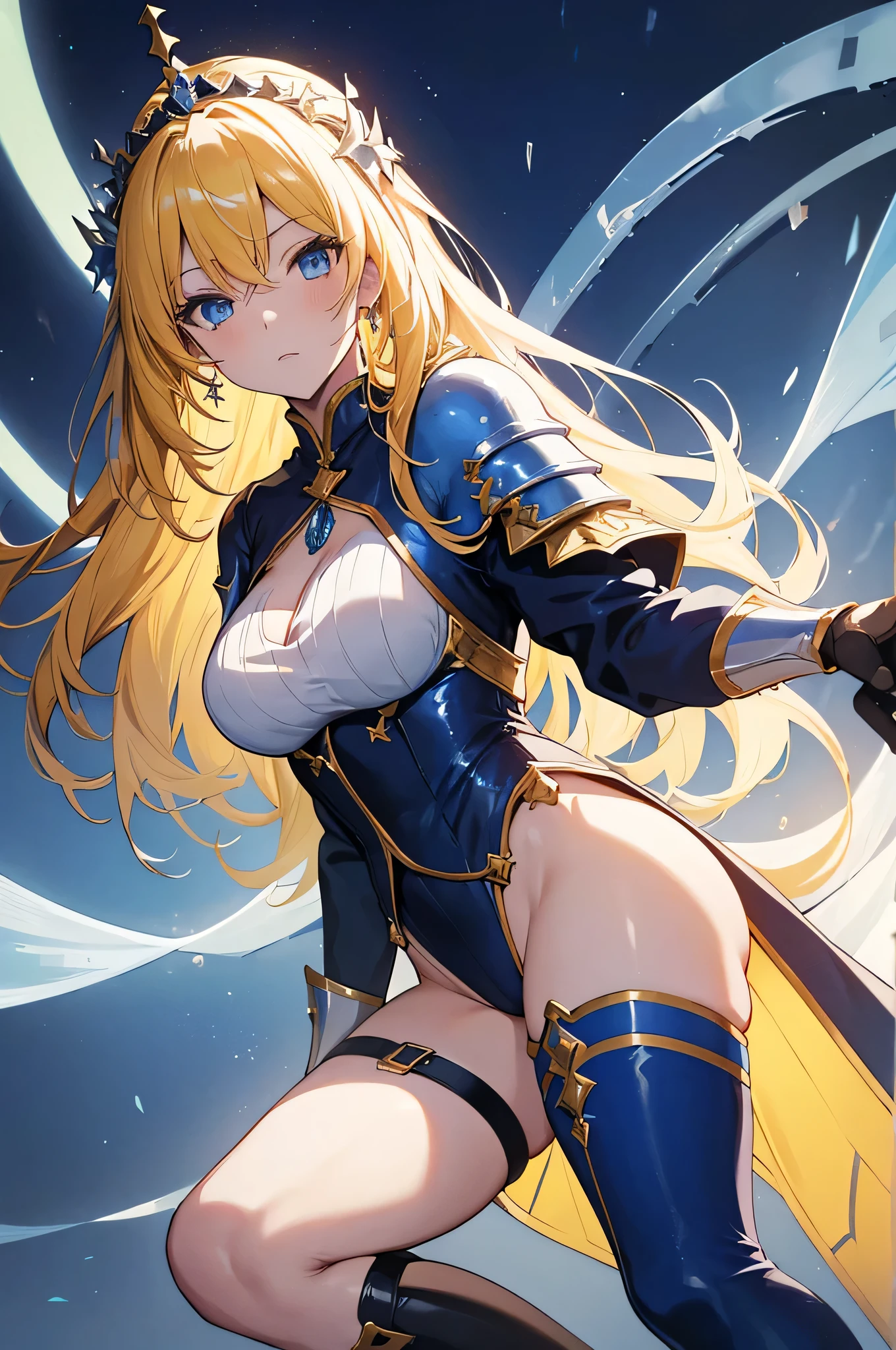 anime girl , teenager, long blonde hair , emerald green eyes , fit , sexy , big breasts , Highly detailed , 8K , He has white armor with slight gold markings on his body. , There was a shining golden sword in his hand., ภาพHighly detailed ,