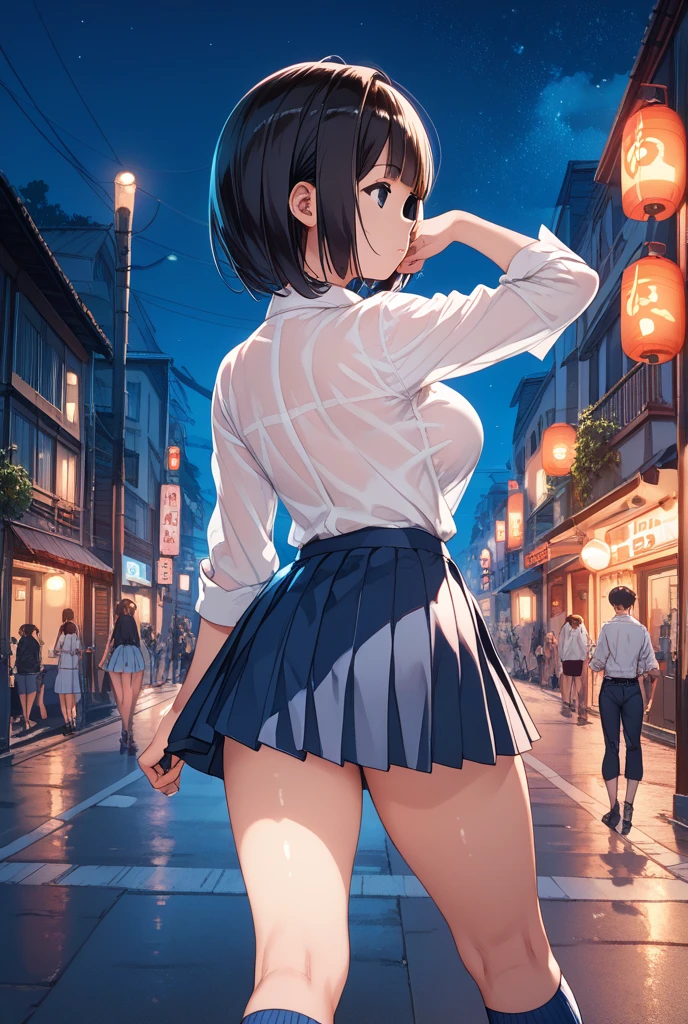 Night Park、high school girl、I'm surprised with my mouth open、Flustered expression、、Large Breasts、Black bob hair、hairpin、Skirt flipped up by the wind、I hastily hold down the back of my skirt、Thin string panties、Onlookers near the girl、Angle from directly below、Shooting from behind、Back view、Penis near the asan Next Door