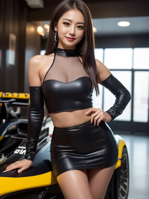 (((One Shoulder Grid Girl Costume))),(((Showing cleavage))),(((Miniskirt lift))),(((Exposing the inner thighs))),(((Formula One car unveiled))),Urzan-6500-v1.1, (RAW Photos:1.2), (Realistic:1.4), Beautiful detailed girl, Very detailed目と顔, Beautiful details, Very detailedな, High resolution, Highest quality, masterpiece, Very detailed, 8k wallpaper, wonderful, In detail, Highest quality, Light on the face,Light,One Girl,(Auto Racing Track),Beautiful Eyes,smile,Open your mouth