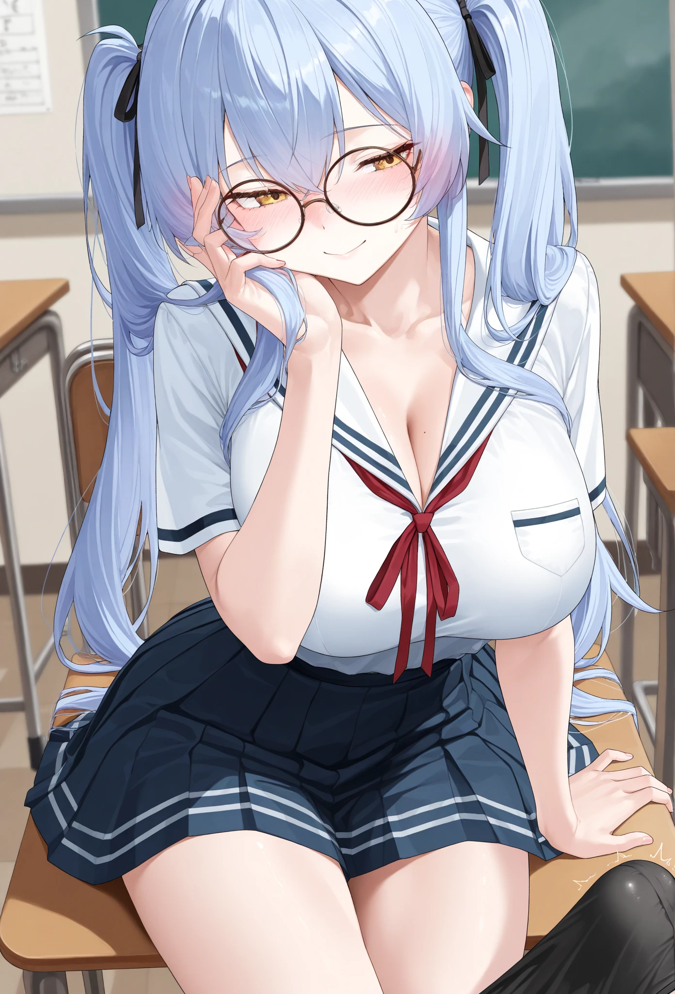 16yo girl, silver blue hair, hime cut, long hair, J cup breast, thicc thigh, perfect body, glasses, half cut sleeveless blouse, micro skirt, deep cleavage, charming smile, classroom scene, clear view