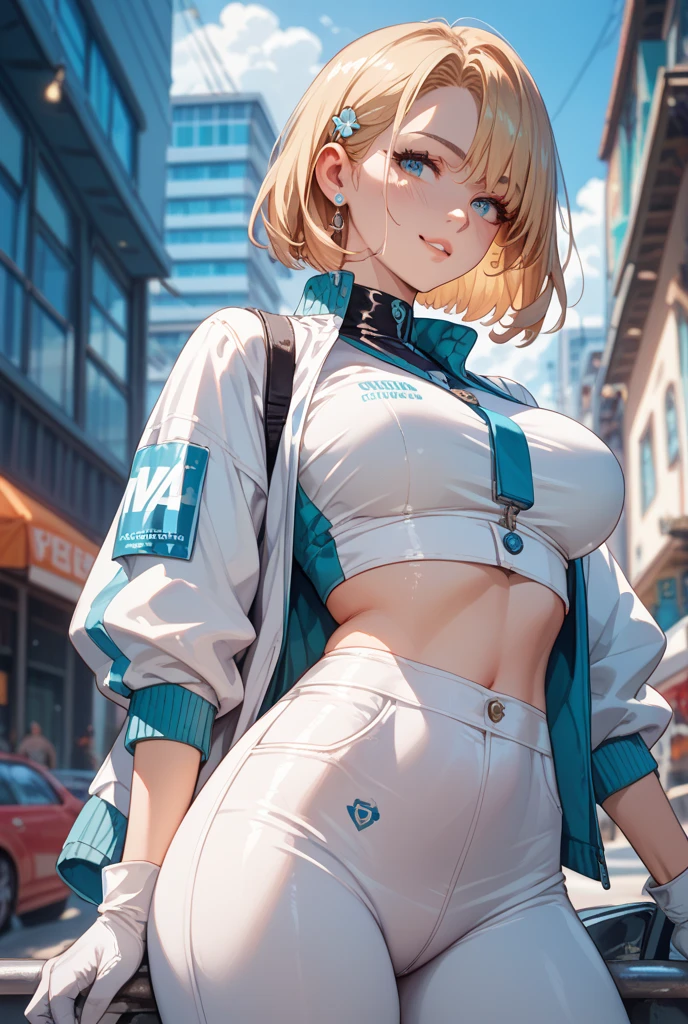 Anime style, super fine illustration, highly detailed, beautiful detailed, pale tone image, static representation, gentle expression, 8k, pretty 1girl with blonde straight short hair & blue eyes & a bright smile & huge breasts & soft fair skin is wearing the black skportswear & sportshorts & sportsjaket in the park, in the morning, in the brilliant particles of lights, romantic stories, solo, perfect 5fingers, perfect arms, perfect legs, masterpiece.