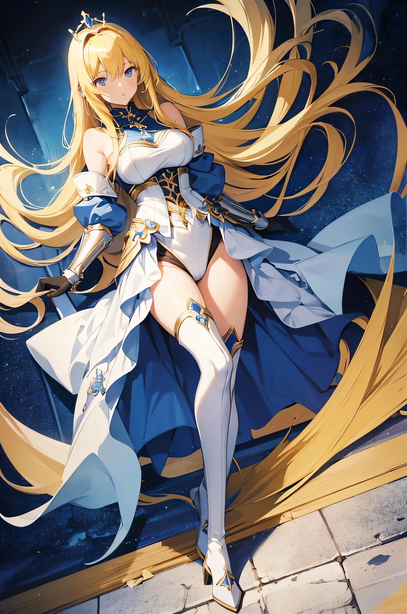 ({{masterpiece、Highest quality、Super detailed}})) 1 female、Blonde、Semi-long bob、armor、hair band、breastplate、肩armor、bangs、(armorブーツ、armorブーツ、White trousers、Hair above one eye、blue eyes、gloveaster-piece,hyper quality, hyper detailed,perfect drawing,solo,(8K、Highest quality、masterpiece:1.2)、(Strong eyes) 、 Hair Detail, Delicate facial depiction,Wide-open eyes、Beautiful Eyes、double eyelid、Double eyelids、Beautiful nose、Headset on one ear、laughing、smile、(Full Body Shot:1.5)、Highest quality、high detail、The whole body is shown