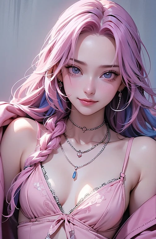 (masterpiece, best quality, 1girl, solo, intricate details, chromatic aberration),beautiful skin,realistic,((small breath)),long hair, blue hair, red head ornament, pink highlights, hair over one eye,purple eyes, sharp eyes, choker,black naked hoodie, (symmetry eyes),(perfect symmetrical body),against wall, brick wall, graffiti, dim lighting, alley ,look at viewer,
