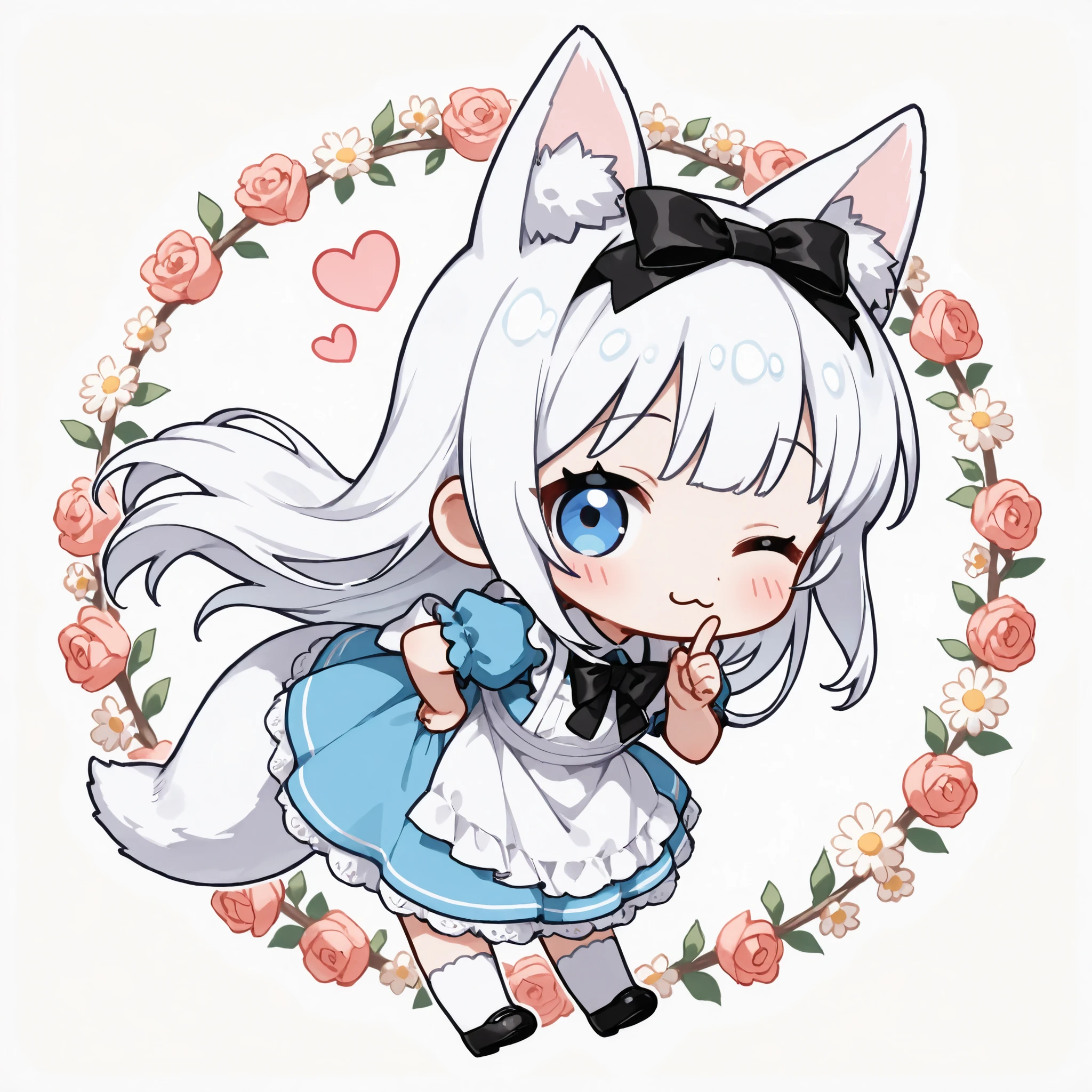 ((Masterpiece)),((best quality)),((incredibly absurdres)),((8K)),(anime style),
(1 chibi girl:1.3),solo,white hair,long hair,straight hair,blue eyes,baby face,cute,kawaii,(white fox ears,white fox tail),pink inner ear,white ear hair,
alice in wonderland inspired maid dress, classic Victorian blue dress with white apron, frilled sleeves, black ribbon accents, puffed sleeves and skirt, delicate lace trim, soft fabric texture, elegant and cute design, detailed embroidery, front bow, back ribbon tied neatly, black headband ribbon on top of the head, 
(blush),(:3),one eye closed,look at viewer,floating hair,
shushing,hand on own hip,(leaning forward),outstretched legs,(jumping),
The flowers are vibrant and diverse—roses, daisies, tulips, wildflowers—forming a powerful,
pastel color scheme, gentle and delicate mood,
Particle,Soft light,Lighting,heart,medium shot,from front,full body,