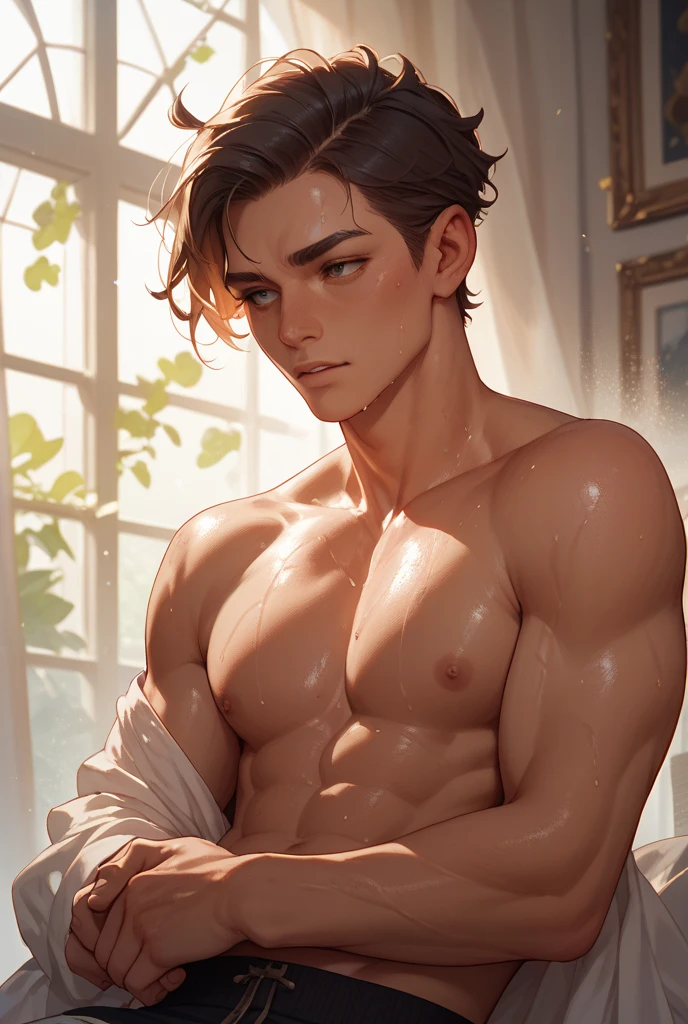 ((Best quality)), ((masterpiece)), (detailed), ((perfect face)), ((halfbody)) handsome face, male, teen boy, perfect proportions , a character from webtoon the liar and his lover, brown short hair, male version , detailed workshop background, detailed scenery background , no shirt, Shirtless, Abs, muscles, pectoral muscles, defined abs, thin muscular, no pants, blushing, penis, erect penis, dick, cock, erect cock, hot, cum