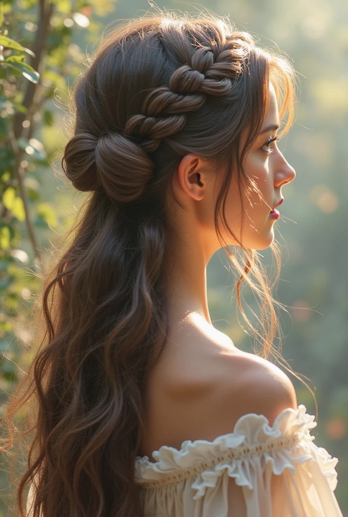 ((Highest quality, 8k, masterpiece: 1.3)), sharp: 1.2, Perfect Body Beauty: 1.6, ((Layered Hairstyles, Big Breasts: 2.5)), (Golden lace dress: 2.0, Off-the-shoulder dress: 2.0, Bold breast exposure: 2.0), (Boldly exposed cleavage: 2.0), ((long hair: 2.0)), ((necklace)), Earrings, ring, Bracelet, Hair Accessories, ((Beautiful young teenager woman)), ((Straight nose)), (Eyeliner), Armpit Hair, Bristles, ((White and beautiful skin)), Wavy Hair, Beautiful attention to detail, Super detailed, Highly detailed face and skin texture, fine grain, double eyelid, Black Hair, Big Ass, Lower Body, Thighs, (((Skinny))), Wet and shiny lips, smile, Get a grip on your body, ((Anatomically correct human body)), ((Crisp body shape)), Ribs, clavicle, Protruding skeleton, A face without nasolabial folds, Shyness, Thin eyebrows, Big eyes, (shoot from side: 1.0), (Narrow shoulders: 2.0), (Smile: 1.0), Corset-like dress, White skin