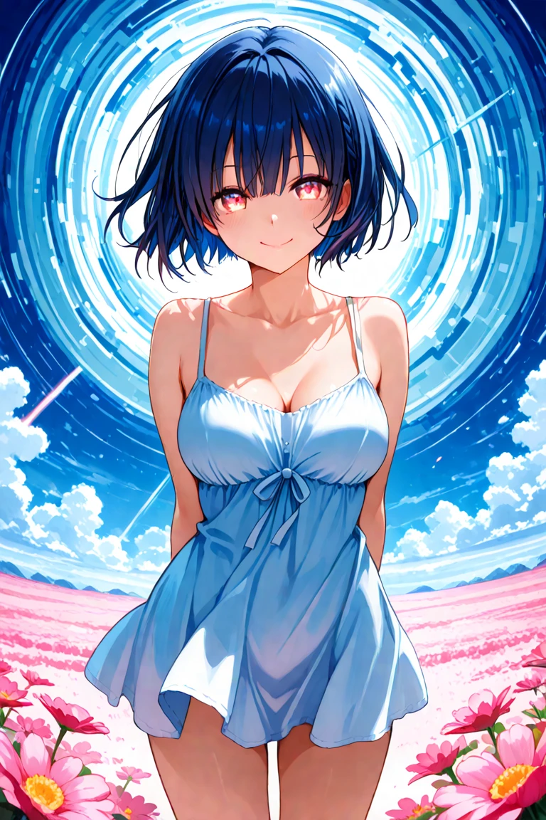 ((Highest quality)), ((masterpiece)), (detailed), Silhouette-Lighting , (Japanese), 14 years old, (Childish face), (Bob Hair), Girl, ,small Breasts, (naked),topless, (Blue eyes),half-smile ,Silhouette Lighting, (Moonlit Night) ,Looking up at the sky,, milky way, (upper body) ,beach,Water's Edge,