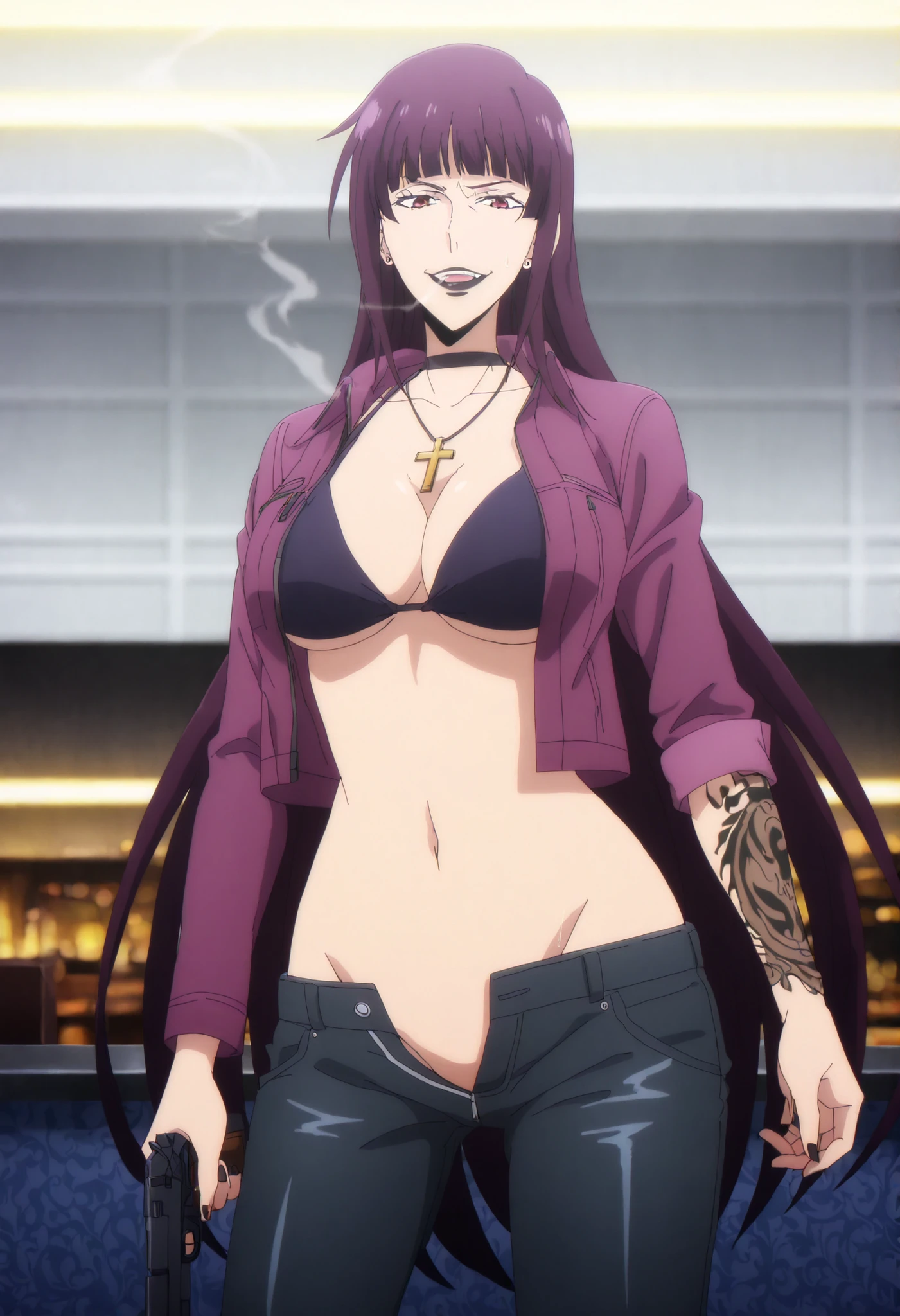 MagaseAi , 1girl, solo, long hair, black collar, blush, lipstick, long hair, crazy eyes ,Hot girl, baddie, staring, glaring, bad attitude, mean girl, crazy, smoking, sensual, attractive, bar background, inside bar, indoor,smile, masterpiece, best quality, highly detailed, a girls with a gun, evil smile , open mouth, sexy gaze, badass pose , evil smile, smile, (nsfw) not safe for work, guns blazing, anime girl with long hair, beautiful long haired girl, navel, evil expression, exposed belly, exposed navel, exposed midriff, exposed lower belly, long black pants, crop top, cleavage, unbuttoned leather pants ,open fly, low rise black leather pants, leather jacket, holding a gun, holding pistol