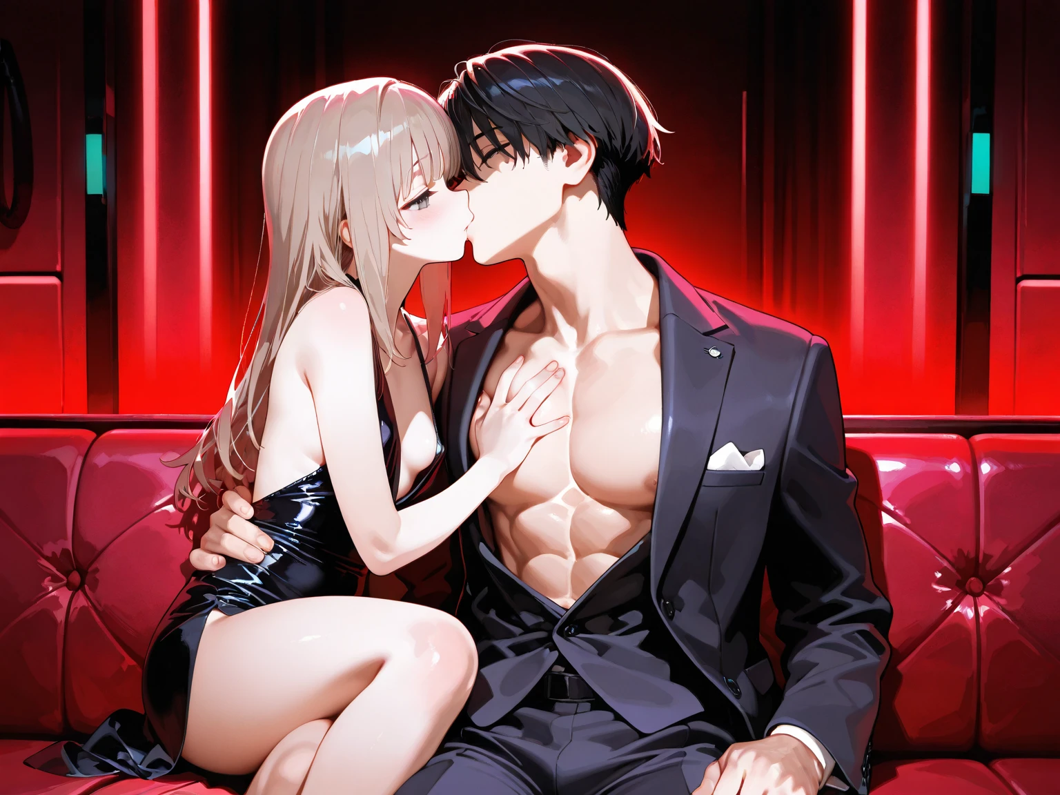 masutepiece、hight resolution、1girl in、in one's underwear only、Lingerie with flashy patterns、large full breasts、bending forward、Poses that emphasize breasts、Cute anime illustration、 break (bare breasts:1.5) break One man, (man touching woman's breast:1.5), man reaching around woman's back, man kissing woman's neck