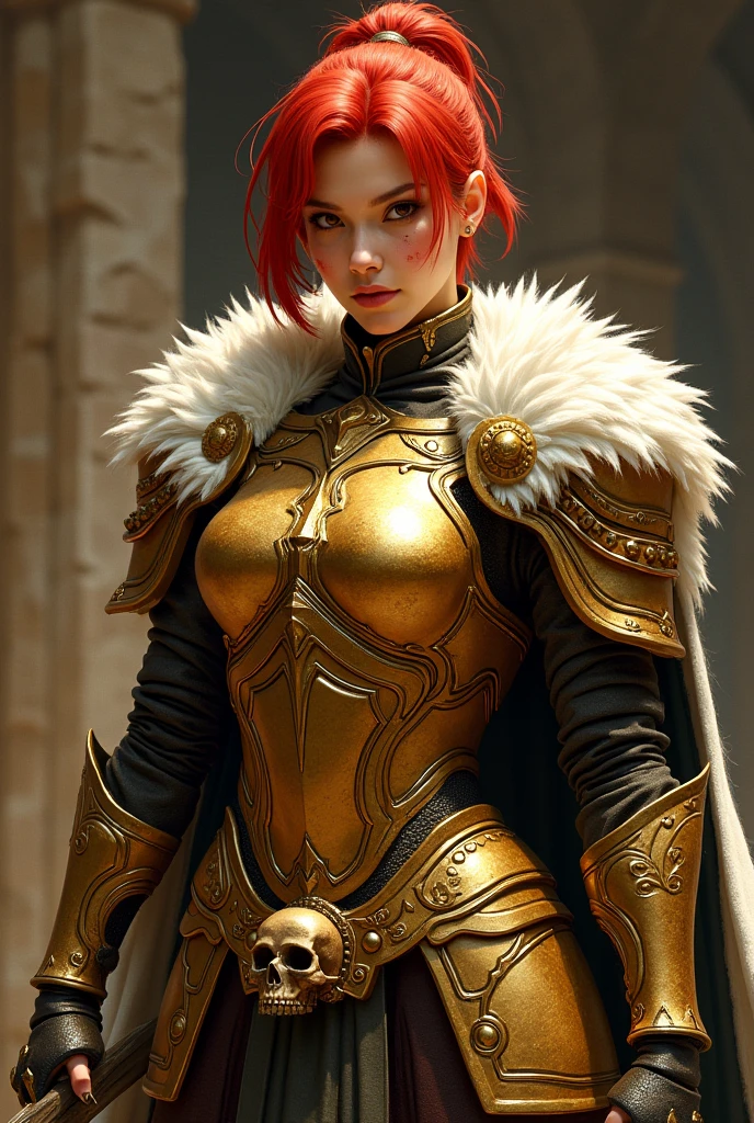 Woman warrior,bronze armor,Plate Mail,redhead,woman,wearing a brown cape,short hair