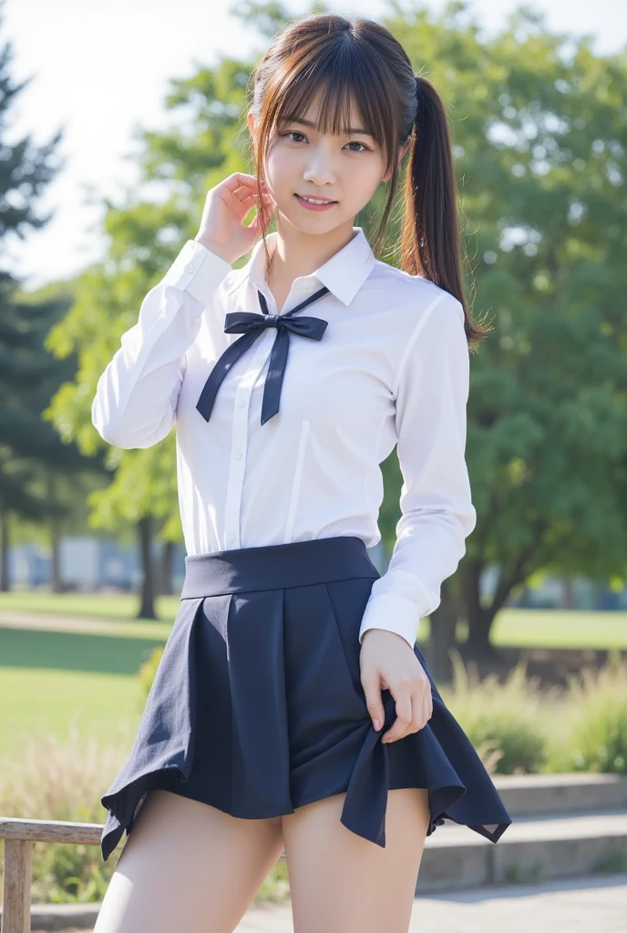 ((smile))、confused、Raw photo、full body,(((The ultimate masterpiece portrait)))、((the cutest girl in the world))、1 girl、12 years old、Japanese、cute face、((silky hair))、(High ponytail tied with a ribbon:1.4)、((super huge breasts:1.4))、erect nipples,((Eyes that shine like jewels))、Glossy skin、(young woman;A consisting of a transparent white shirt, thin ribbon, blazer, and a plaid pleated skirt.:1.5)、Winter clothes、(Uniforms made from high-quality fabrics:1.4)、Ultra-detailed uniforms、(disheveled clothes:1.3),(She shyly pulls up her skirt:1.3)、(A realistic vagina is visible:1.5)、(Realistic wet vagina:1.3),((Crotch from the front))、(Legs wide open:1.6),sitting in a chair,A skirt fluttering in the wind、eyeliner、beautiful bangs、hair between eyes、((solve、High resolution))、detailed background、8KUHD、digital single lens reflex、soft light、high solve、film grain、Fujifilm XT3、shallow depth of field、自然なsoft light、thin waist,Not wearing panties,A world without underwear,nffsw,