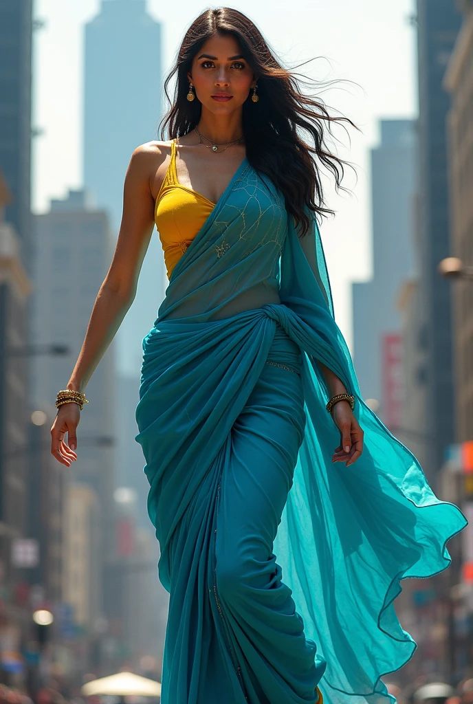 arafed woman in a blue dress is walking down a street, by Daryush Shokof, she is dancing. realistic, beautiful digital artwork, by Max Dauthendey, beautiful gorgeous digital art, fully clothed. painting of sexy, fanart, deviantart artstation cgscosiety, digital art picture, beautiful goddess, indian goddess, stunning woman