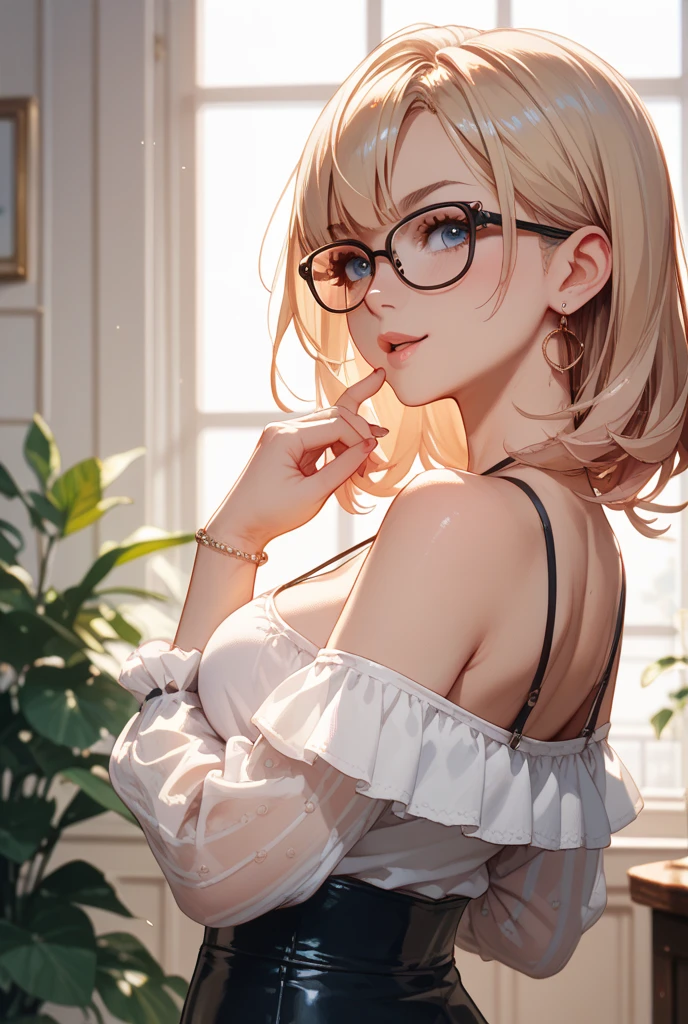 (masterpiece, best quality: 1.2), Lux101, 1girl, solo, perky breasts, semi-open button-up shirt (White), white bra, Skirt (black), short hair, glasses, large breasts, close-up, green eyes, small smile