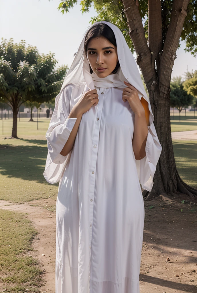 Amira, 1girl, solo, ((Sudanese woman)), consistent face and body, ((MILF)), ((30 years old)), (mature), ((slim)), ((Sudanese face)), (Sudanese nose), (Sudanese lips), short hair, upper body and upper legs, (background: Tazekka National Park), BREAK, (wearing stylish white lightweight, long-sleeve, and loose-fitting.)